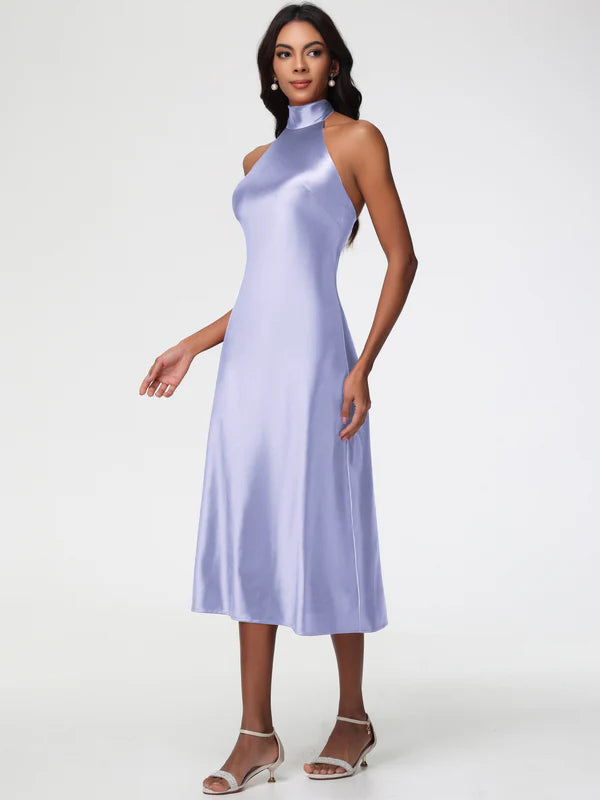 Tea-Length High Neck Sleeveless Stretch Satin Party Dresses